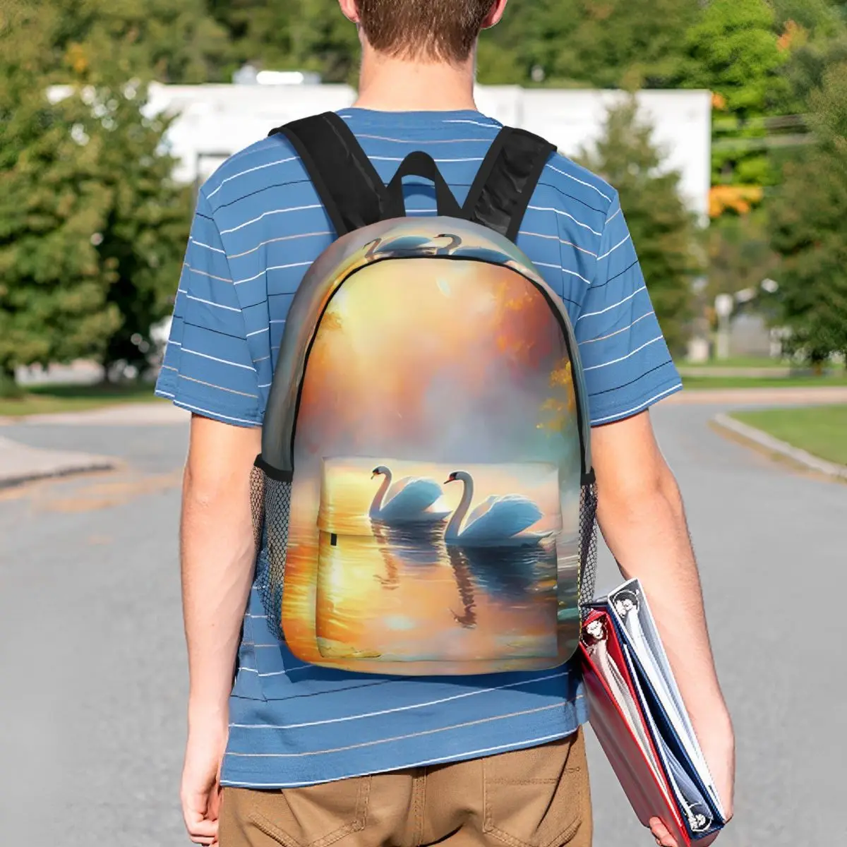 

Two Swan With Sunset In Pond Backpack Student BookBag Kids School Bag Computer Shoulder Bags for Men Women