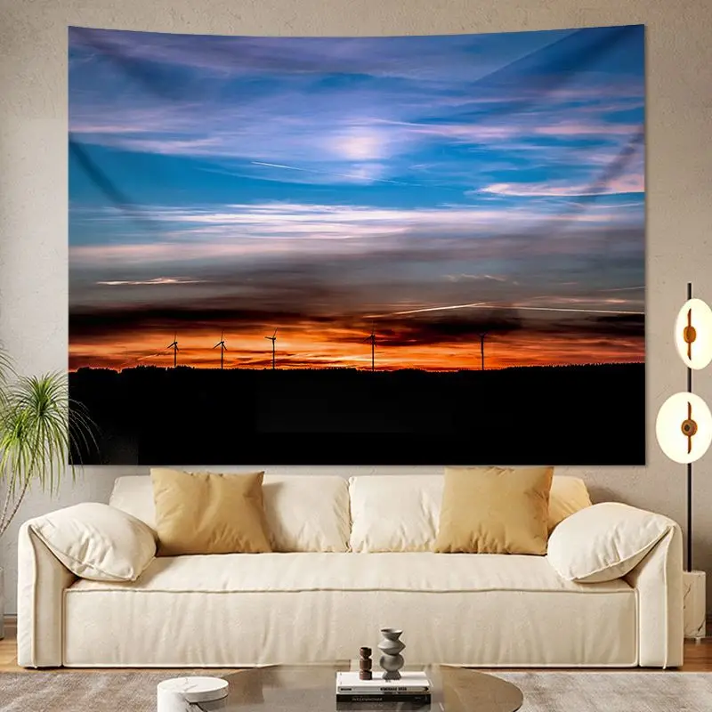 VIKAMA Wilderness Dusk Windmill Sunset Scenery Tapestry, HD Wear-Resistant Fabric Wall Art for Living Room Decor