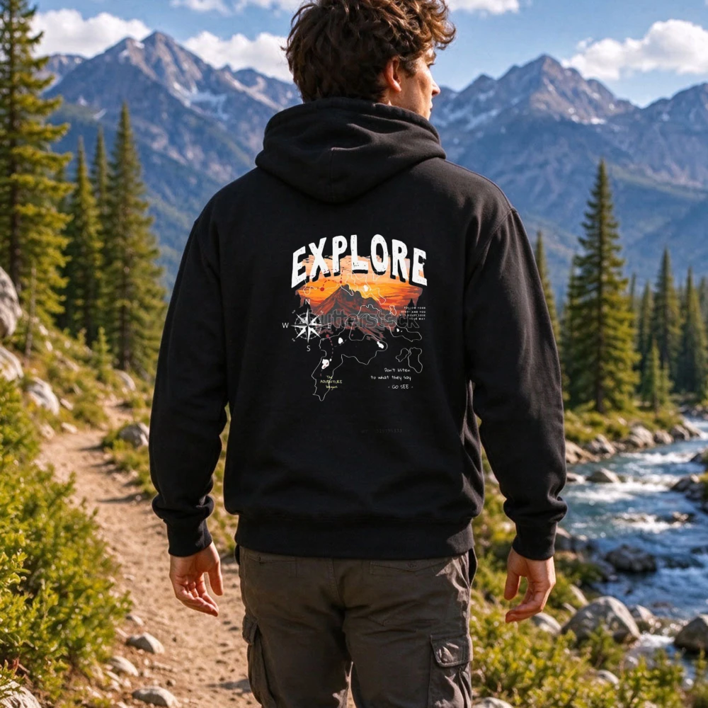 Explore World Map Compass Mountain Sunset Graphic Hoodie Unisex Vintage Adventure Back Print Pullover Outdoor Travel Hiking Tops