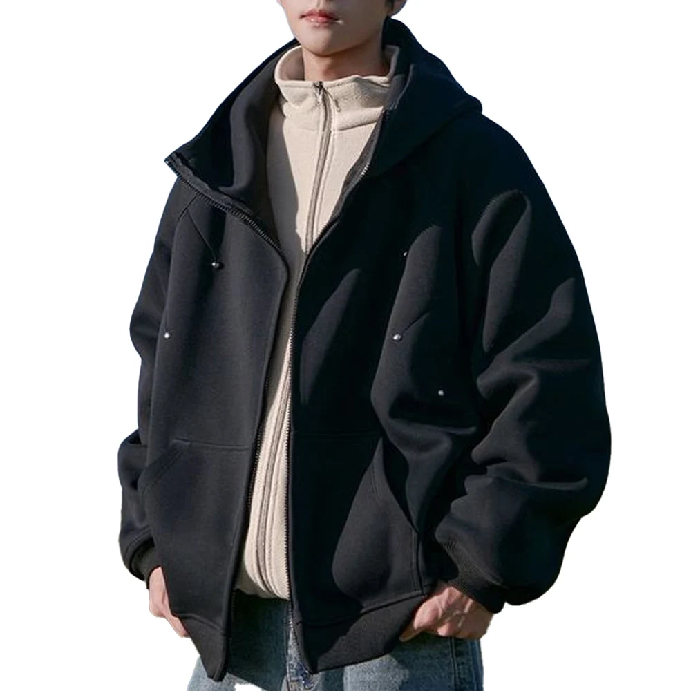 2026 Autumn Winter men's 2 Piece Set Hooded Jacket Fleece Zip Up Sweatshirt Loose Fit Casual Streetwear Outerwear