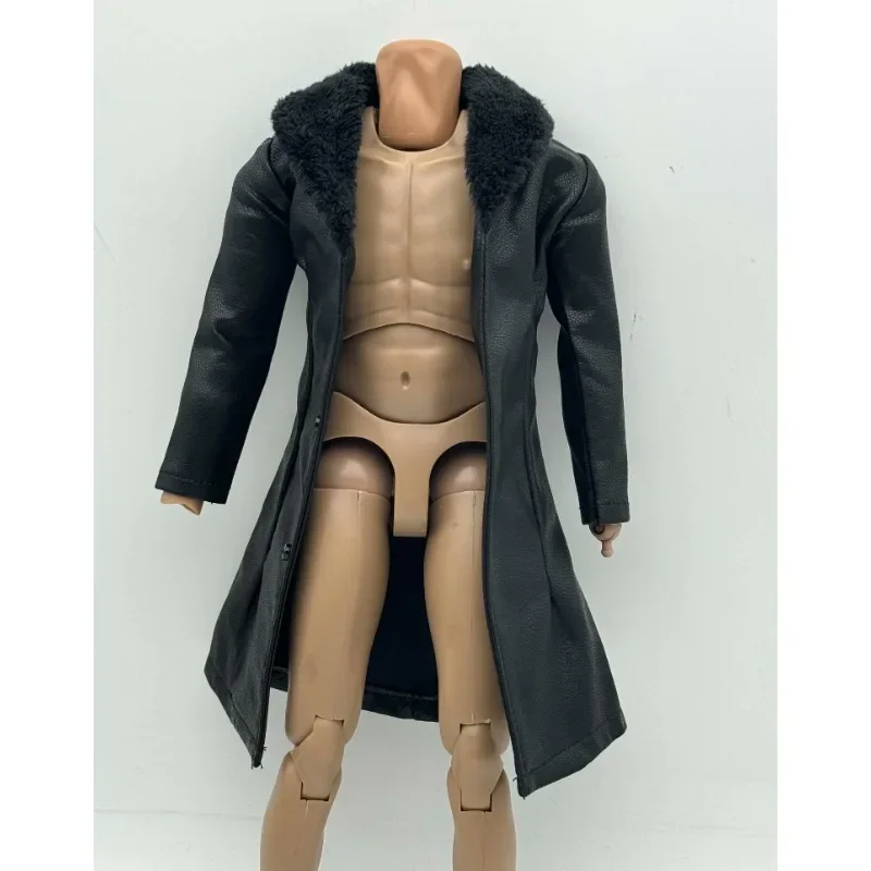 Black 1/6 Scale Male Pu Leather Windbreaker Long Coat Furry Collar Lapel Clothes Model for 12in Action Figue Accessory