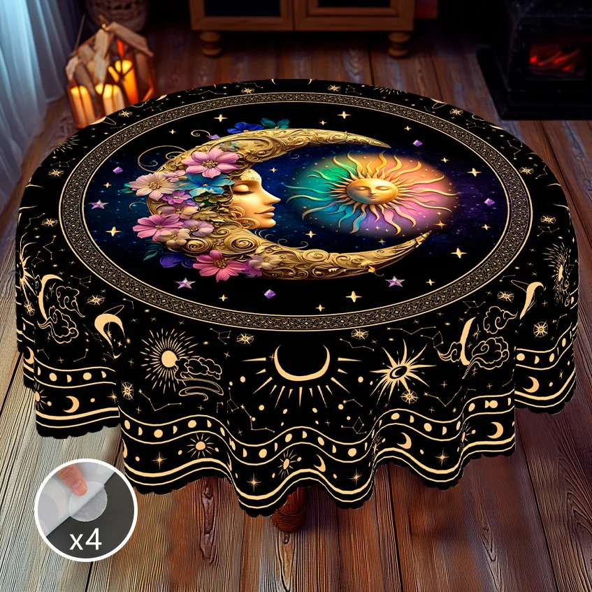 1 Piece of Tarot-Themed Round and Rectangular Tablecloth, Available in 5 Sizes, with Gilded Iridescent Sun, Moon, and Star Tarot Pattern Print, Round Decorative Tablecloth with Embossed Edges, Suitable for Divination Game Decoration, for Everyday Use in Home Living Rooms, Patios, Tarot Divination Tables, and for Daily Party Decorations, as Well as for Diviner's Home Decor