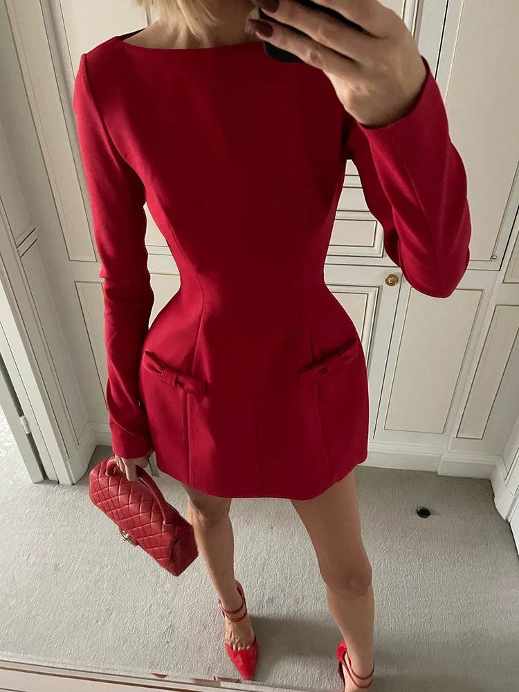 Mozision Double Bow Long Sleeve Sexy Mini Dress For Women Autumn Winter New Solid High Waist Bodycon Club Party Dress Elegant