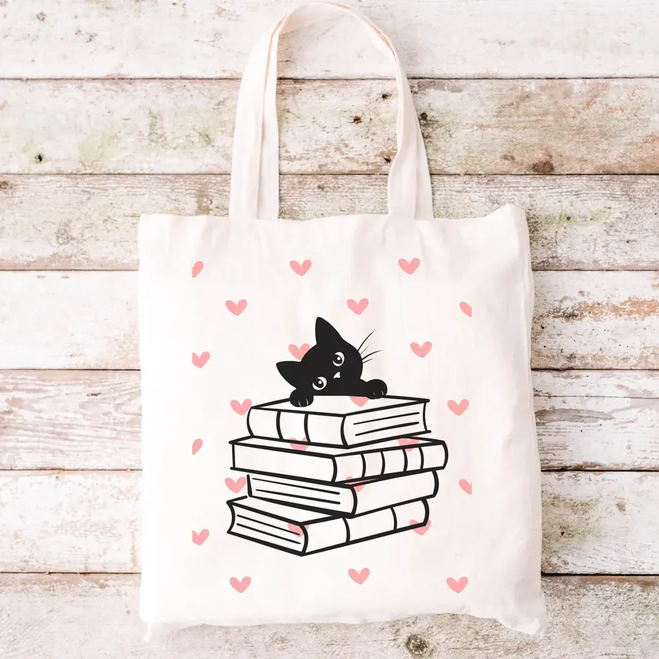 

Многоразовая холщовая сумка-шоппер с принтом милого кота и книг, женская сумка для покупок, школьная/библиотечная сумка для книг, повседневная наплечная сумка-тоут