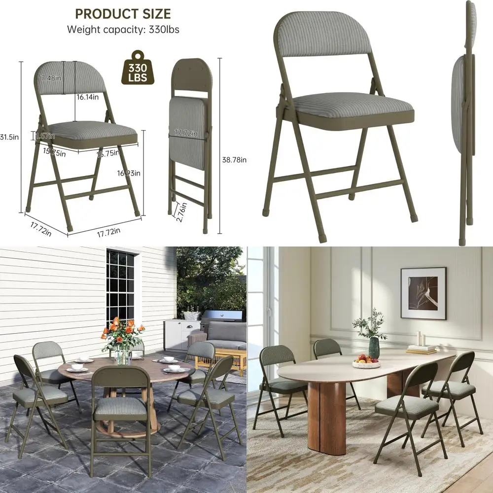 

2-Piece Padded Cushion and Folding Chair Set, Steel Frame Fabric Dining Chairs for Indoor & Outdoor Use (Oatmeal Stripe)