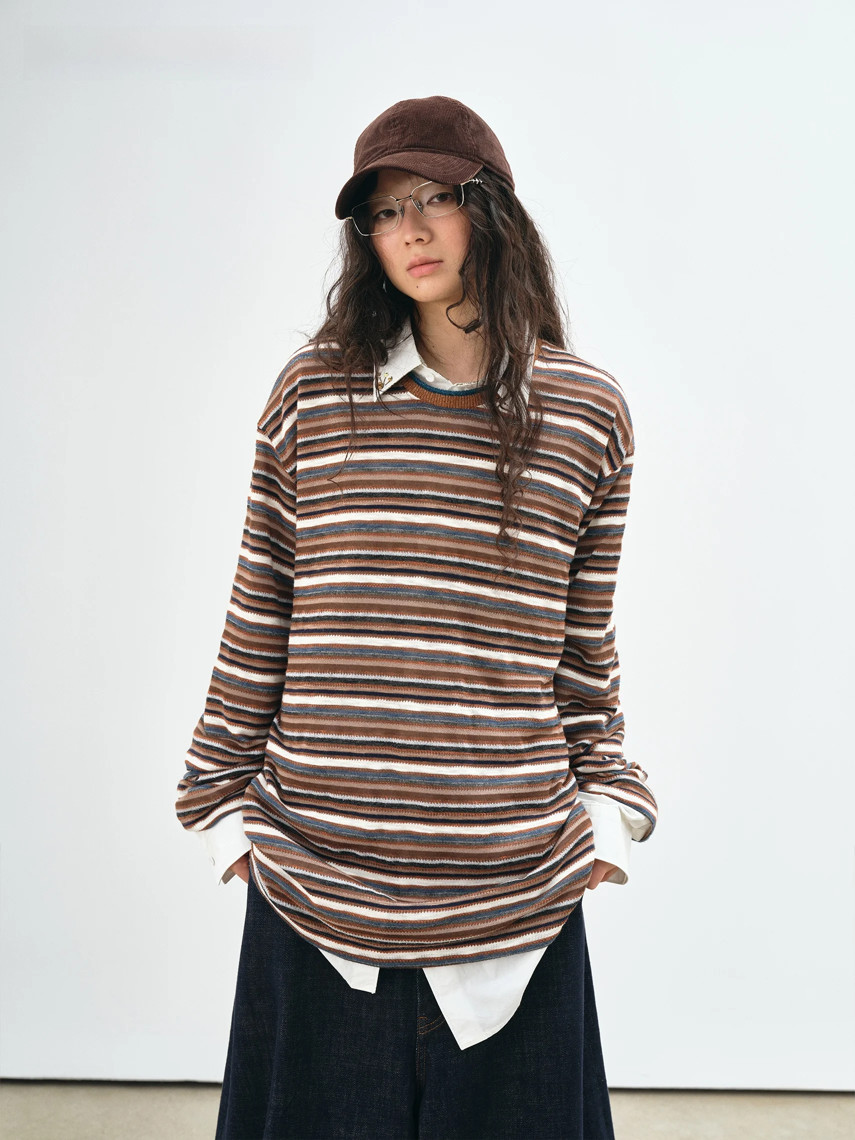 

VERMO винтажная цветная линия, мягкая и удобная свободная длинная футболка в полоску с 3D текстурой Ele, повседневная футболка из смеси хлопка и полиэстера