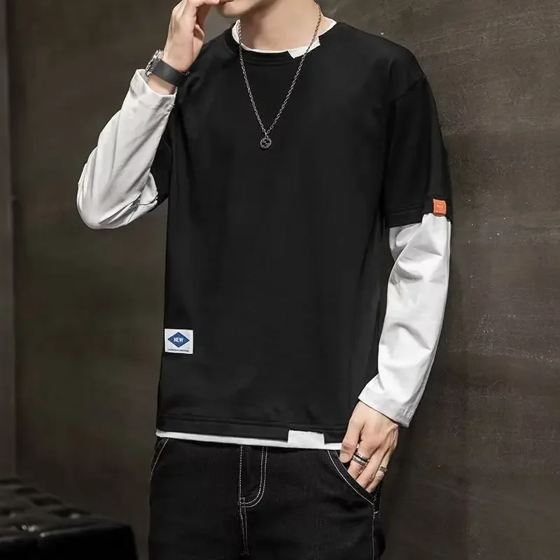 Two-piece Illusion Long Sleeve T-shirt Men's Autumn Trendy Versatile Loose Fit Round Neck Inner T-shirt Base Layer Top