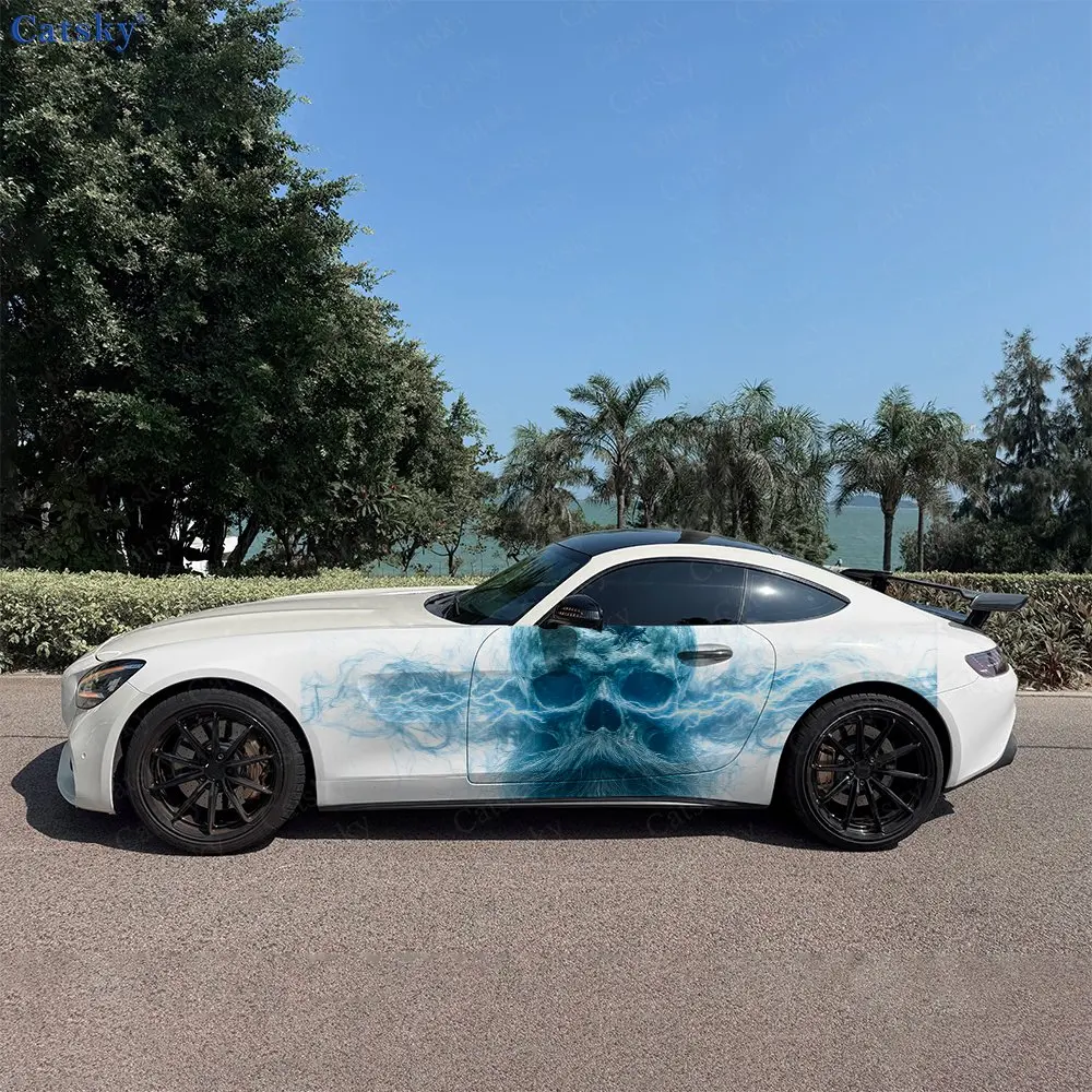 2pcs Bearded Skull and Lightning Car Side Wraps, Self-Adhesive PVC Waterproof & Scratch-Resistant Stickers, Car Accessory Gift