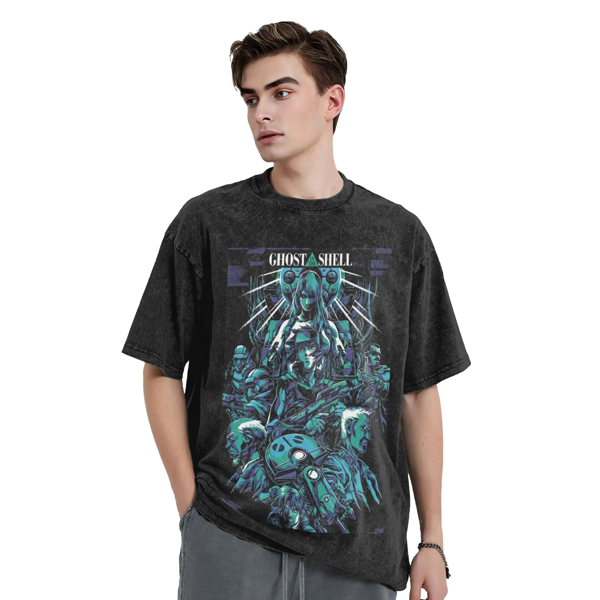Ghost in the shell Anime Vintage Washed T Shirt Men Cotton Tops Printed  Round Neck Short Sleeve