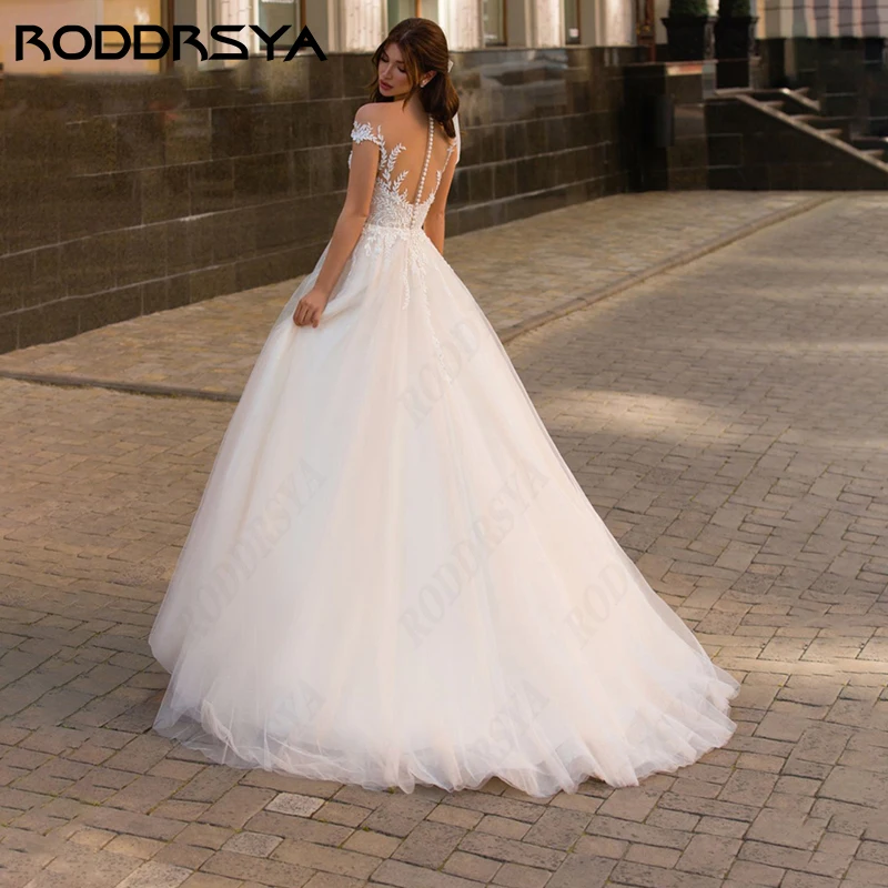 RODDRSYA vestido De novia De princesa, elegante vestido De novia De manga casquillo, cuello redondo, ilusión romántica De tul, botón trasero, fiesta De noviavestido De novia De princesa, elegante vestido De novia De ma