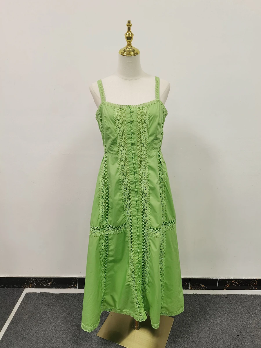 VGH Abito medio solido moda casual per donna Colletto quadrato senza maniche Vita alta Patchwork Scava fuori Abiti trasparenti Donna