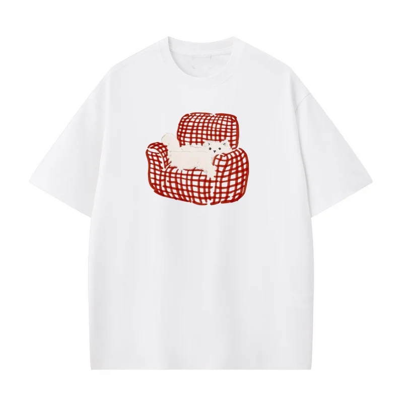 ZAZOMDE Korean Ulzzang Style Man Women T-Shirt Aesthetic Cozy Cat Sofa Print Oversized Soft Cotton Cute Casual Short Sleeve Top