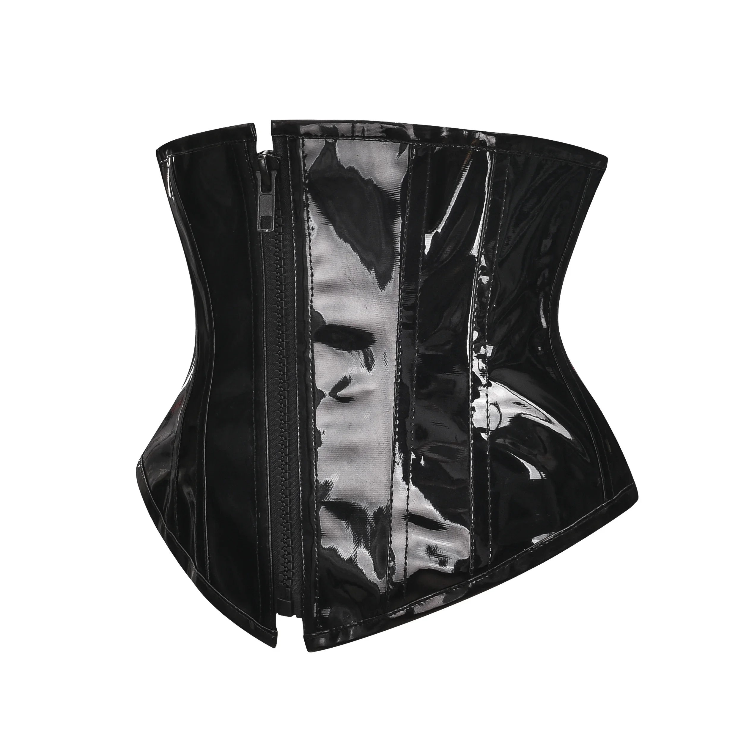 لامعة الأسود PVC مشد أعلى نظرة الرطب بولي Leather الجلود بوستير Steampunk Underbust المشدية التخسيس مدرب خصر بذلة مفصلة لشكل الجسم