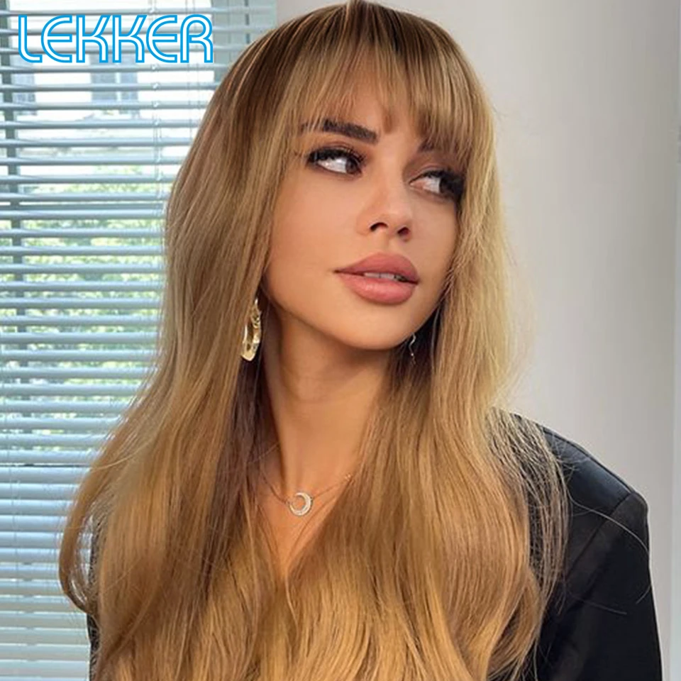 

Lekker Ombre Gold Blonde Body Wave Human Hair Wig With Bangs For Women Brazilian Remy Hair Glueless Wear to go 22" Deep Wavy Wig