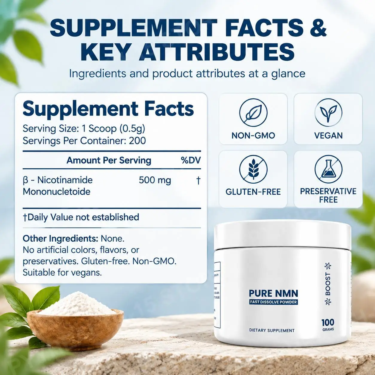 NMN Powder Cellular Energy and Mitochondrial Function Support with DNA Repair Mechanisms, Sirtuin Longevity Pathways, 100g