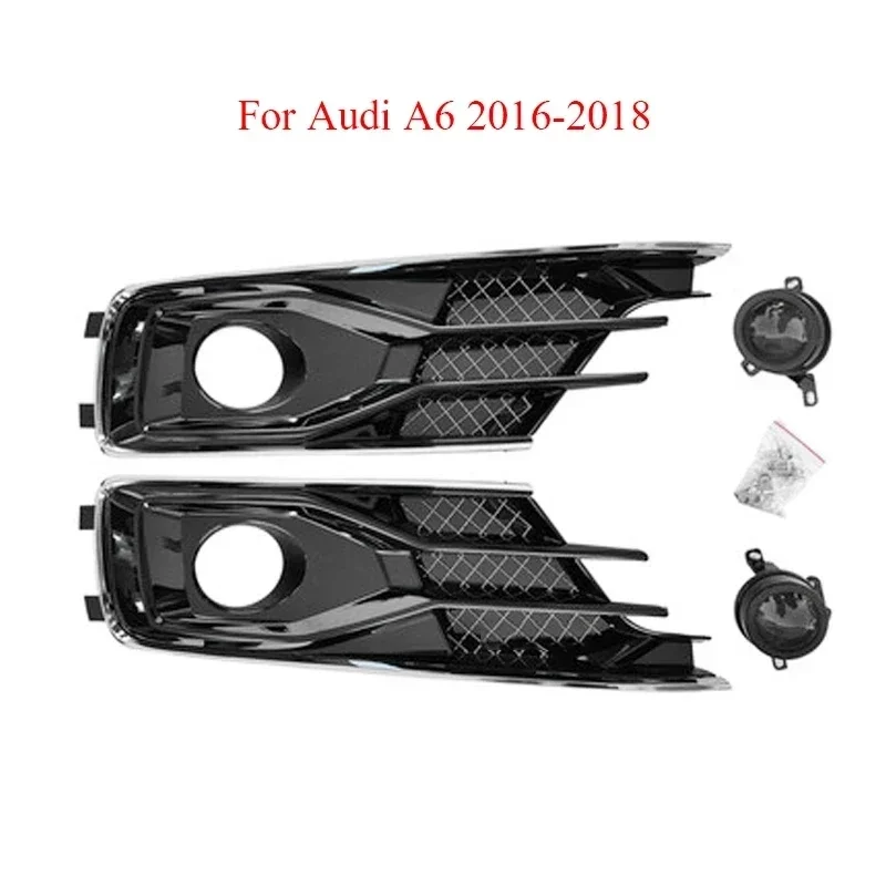 

2PCS Left+Right Front Bumper Fog Light Grille Cover Trim for Audi A6 C7 2016-2018, V6 Style ABS Car Styling Accessories, Replace
