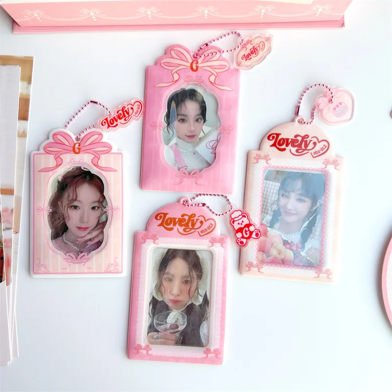 Kpop Photocard Holder with Keychain Y2K Kawaii Bow Lace Photo Card Sleeves ID Badge Holder Card Protector