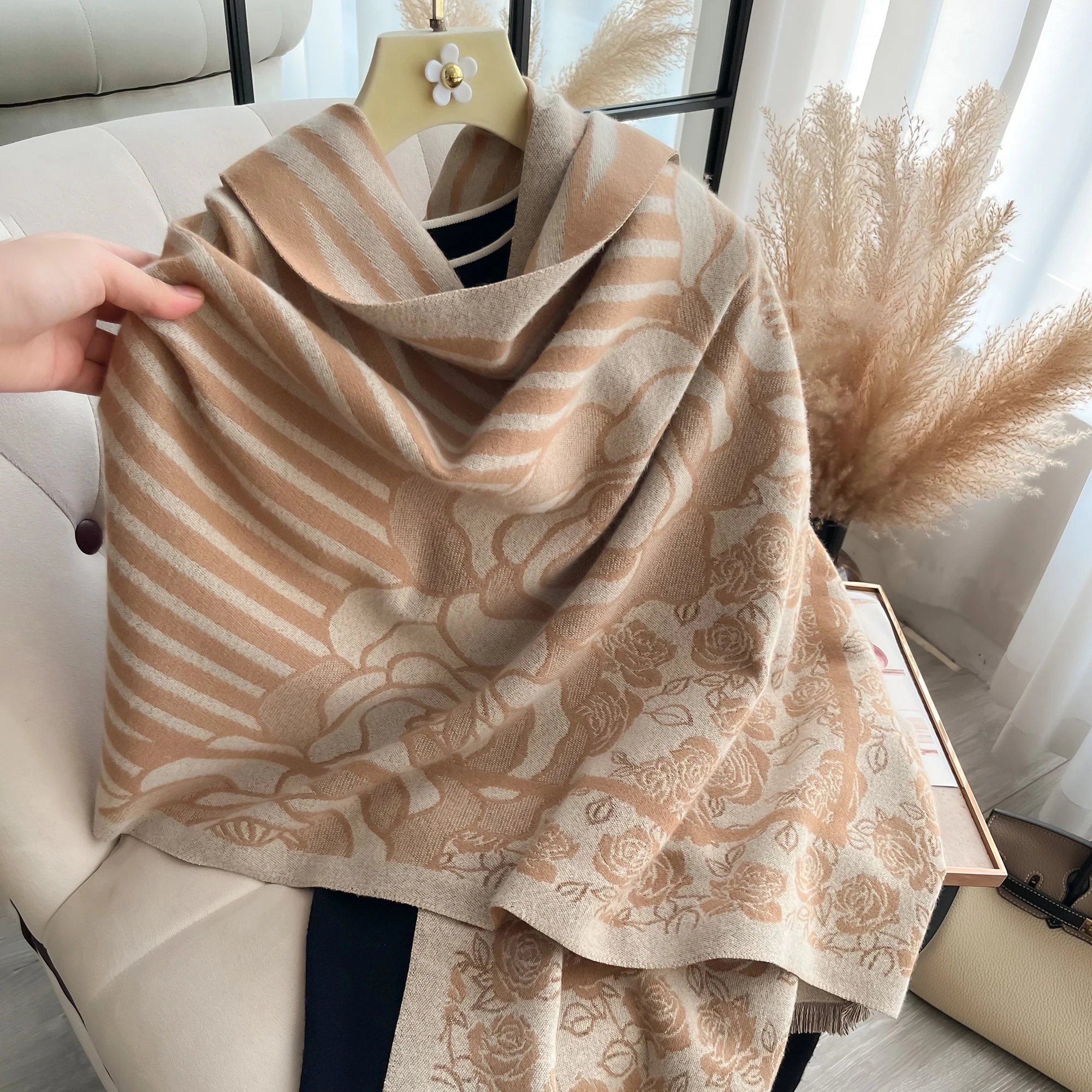 Camellia Double-sided Scarf pashmina Cashmere Travel Blanket Shawl  Comfortable Wrap Shawl Autumn Winter Elegant Coldproof Warm