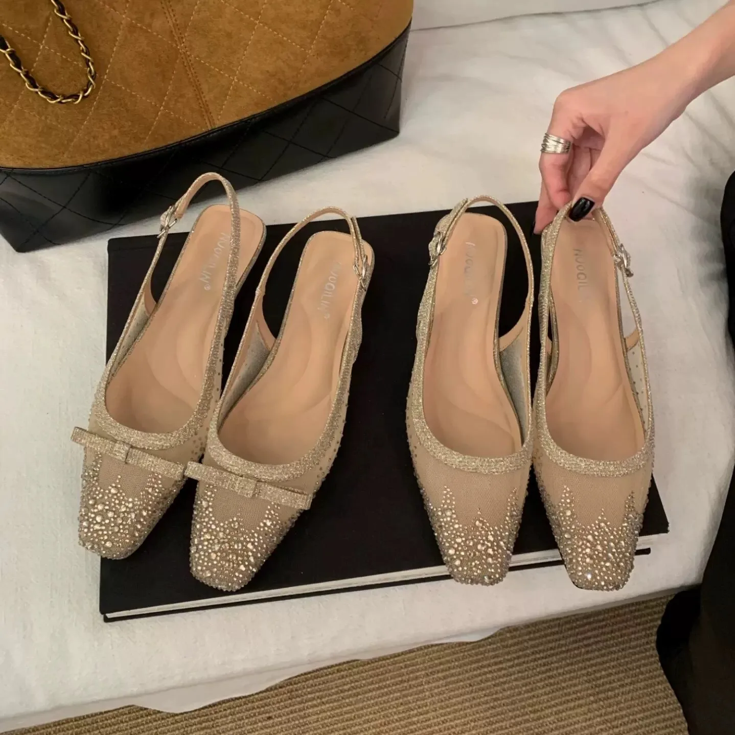 Französische Flache Schuhe mit Quadratischer Spitze und Strass für Damen, Luxuriöser Blockabsatz, Flacher Einstieg mit Schleife und Fersenriemen