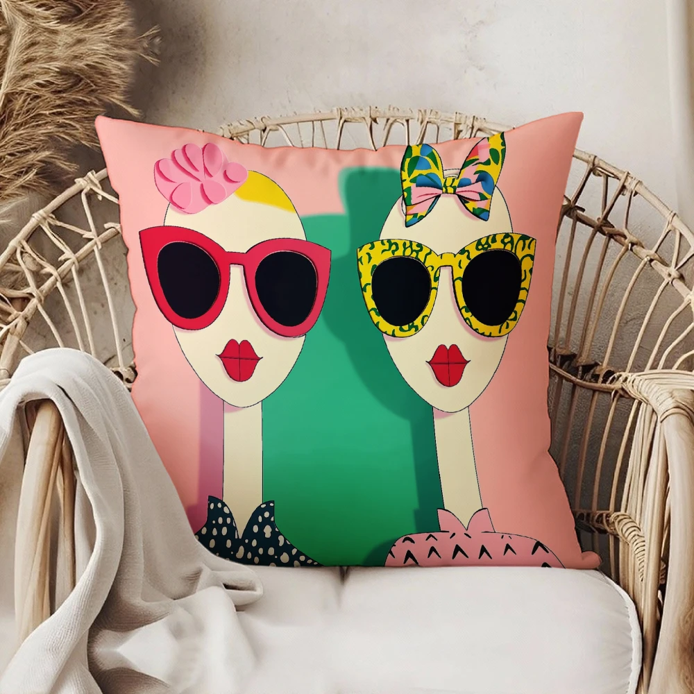 Square Throw Pillow Case Pink Green Fashionable Girls Sunglasses Bow Print Decorative Cushion Cover For Living Room Sofa Bedroom