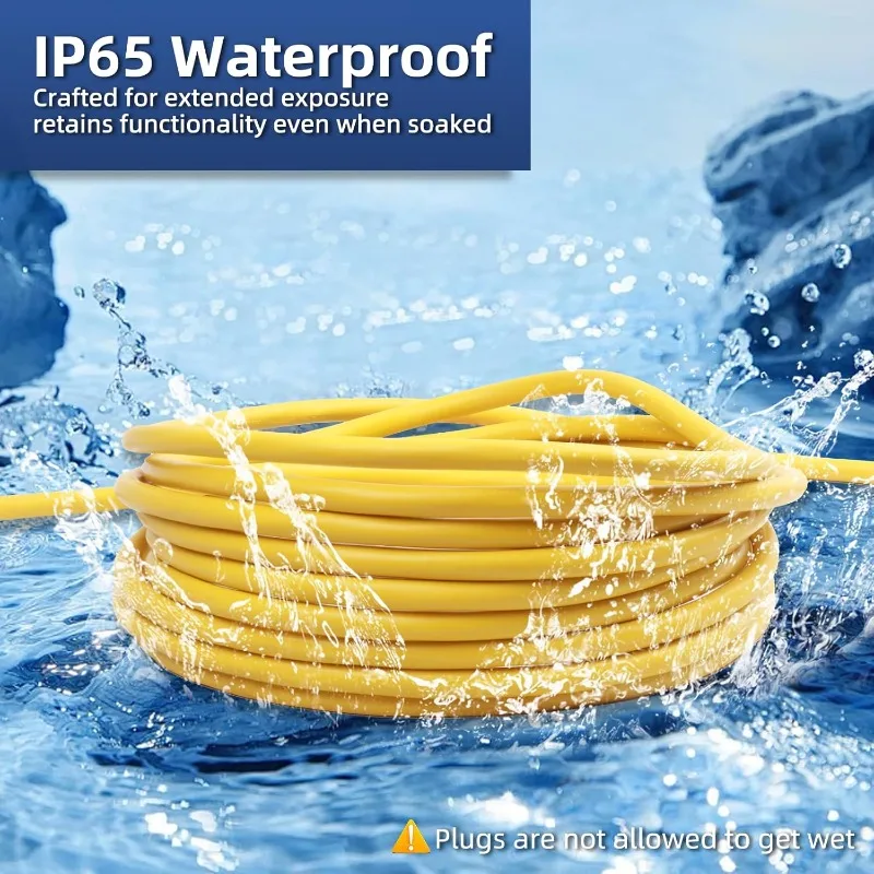 Cabo de extensão externo de calibre 12, 100 pés à prova d'água, plugue de 3 pinos, SJTW resistente 15A 1875W, cabo de extensão amarelo com iluminação