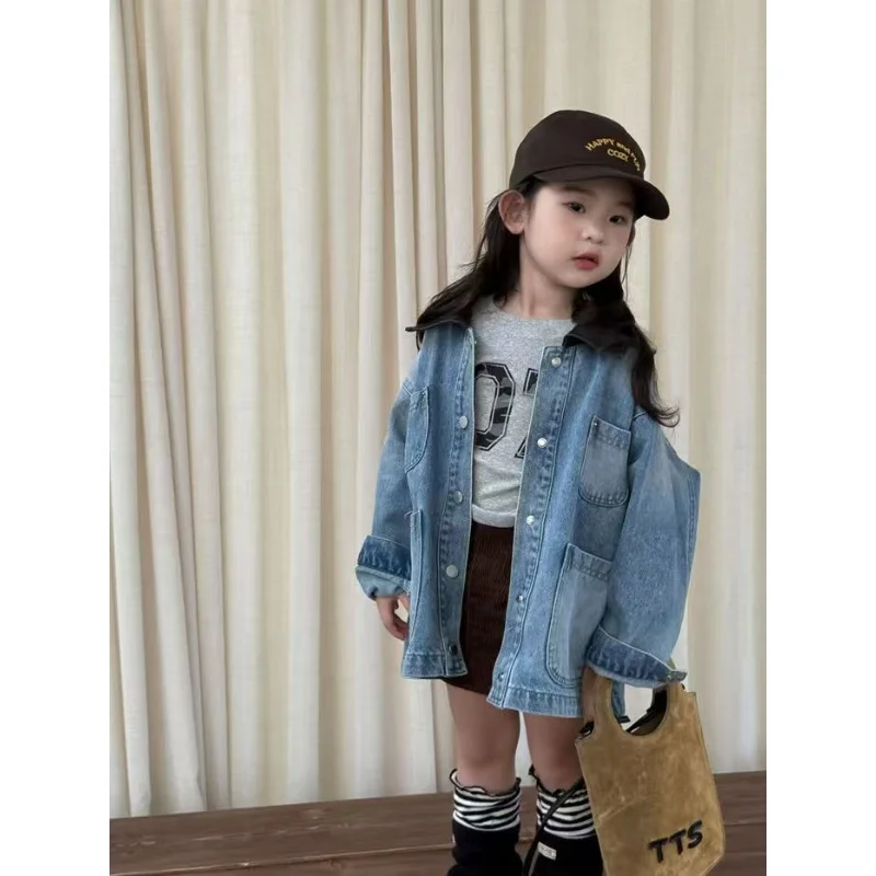 

2025 Autumn New Children's Clothing Korean Children's Clothing Girls Fashion Trendy Medium and Long Denim Shirt Denim Jacket