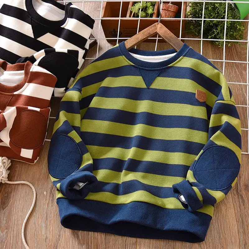 

Boy's Hoody Spring And Autumn 2023 New Medium Large Children Mixed Color Stripe Patch Casual Children's Wear Long Sleeve