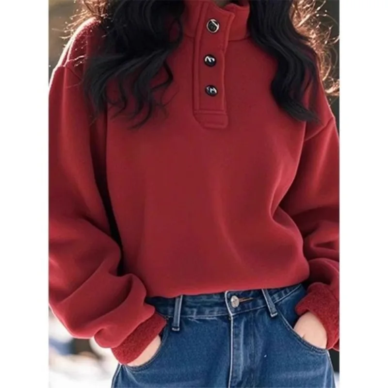 

Бордовый пуловер, женский свободный повседневный осенне-зимний пуловер, повседневный флисовый топ