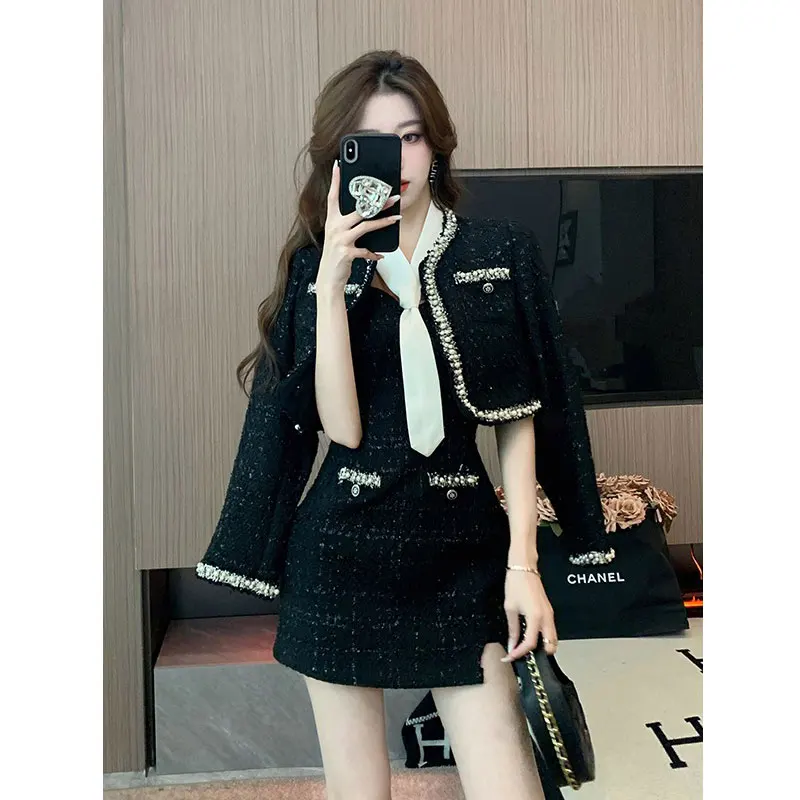 

Black coarse woolen 2-piece set jacket+camisole skirt 2025 new style small fragrant autumn and winter women's clothing