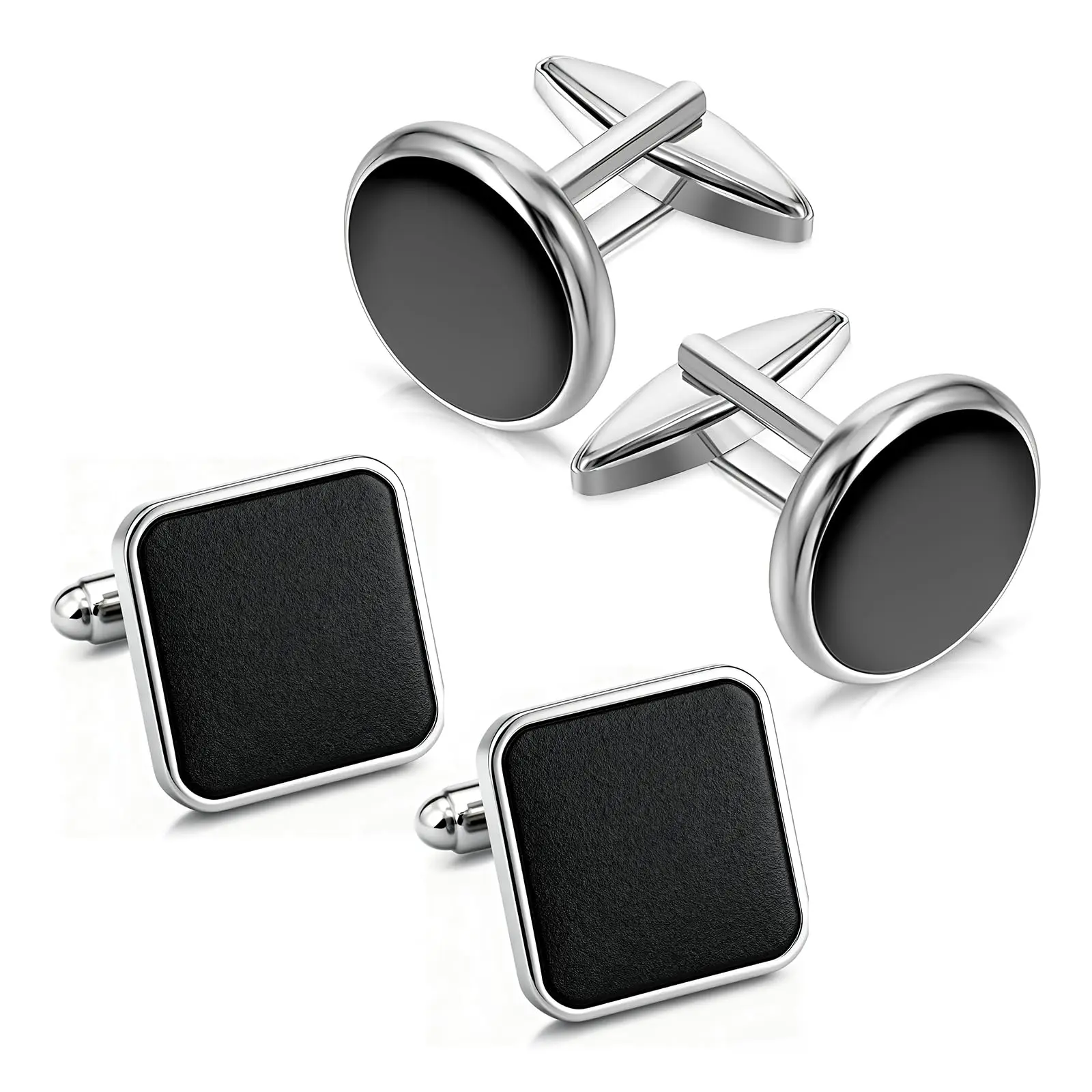 

2/4 пары запонок для мужчин — черные классические запонки из нержавеющей стали (круглые и квадратные) для свадебных деловых официальных мероприятий