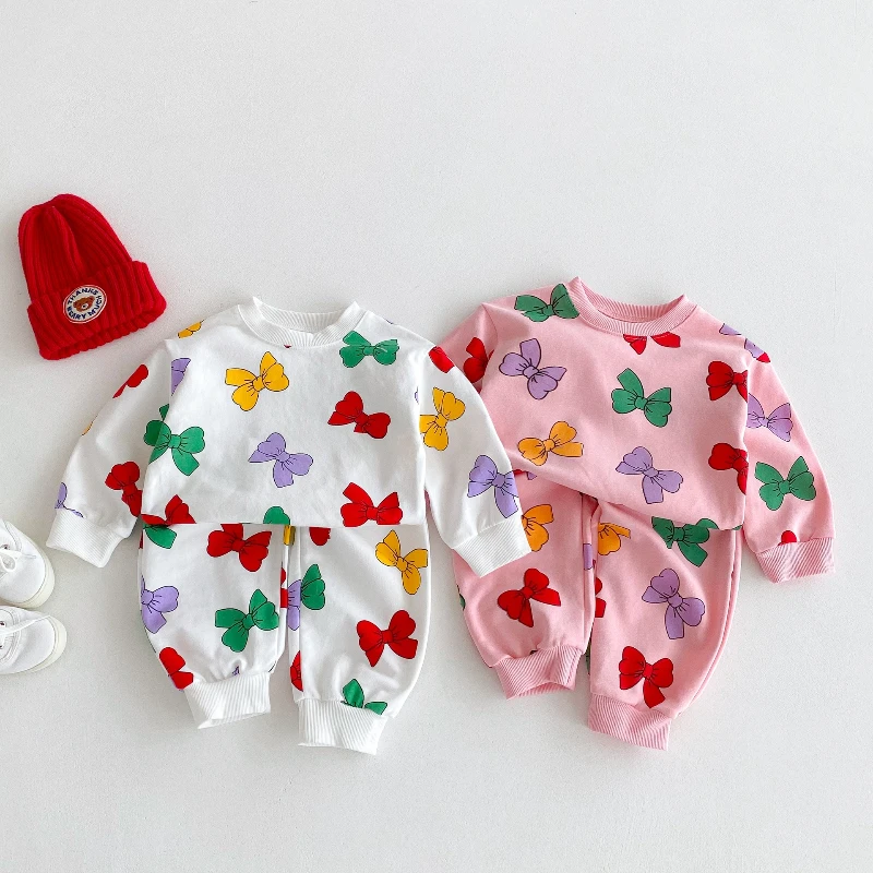 

2025 Autumn New Children's Fashionable Colorful Bow Printed Hoodie and Pants Two Piece Set