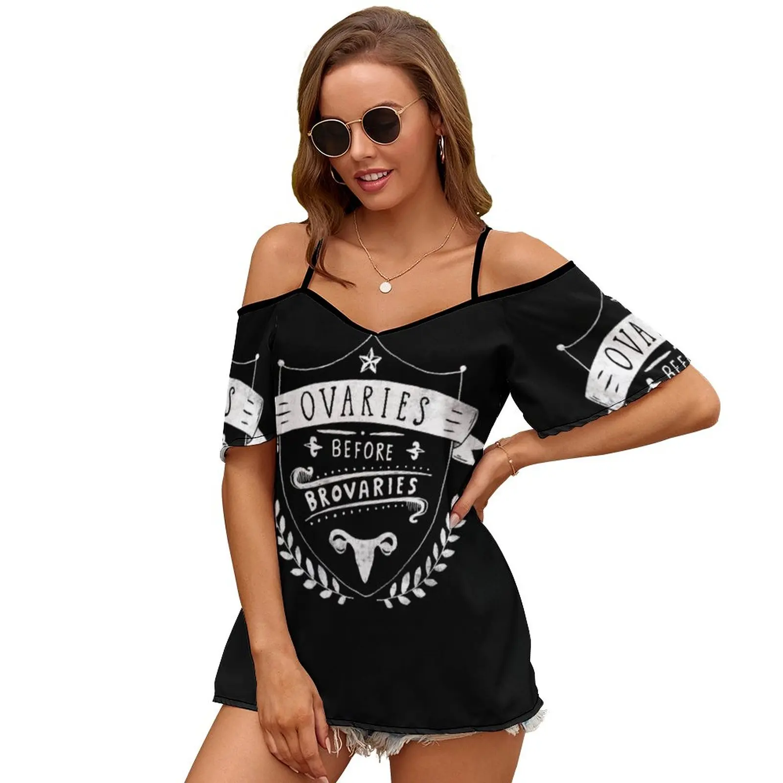 Ovaries Before Brovaries-Feminist Quote Slit Sleeve Cold Shoulder Print Women T Shirt Casual Summer Tee Tshirt Loose Top