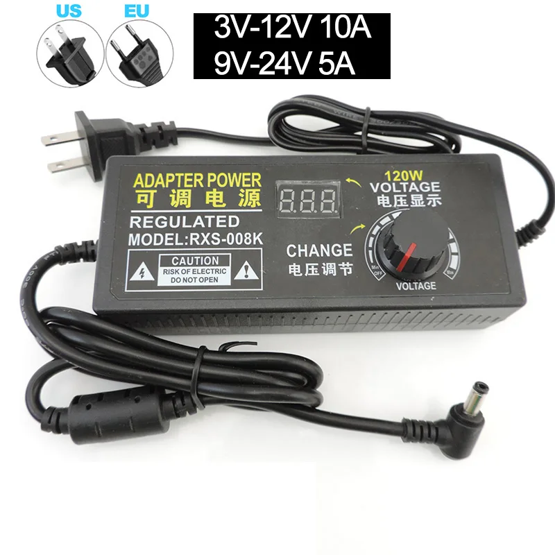 Adjustable Display Screen 3V-12V 10A 9V-24V 5A AC/DC 120W Universal Adapter Power Supply 5.5*2.5mm 90 Degree Angle DC plug M20