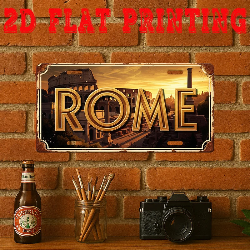 2D Flat, [Jit], 2d Flat Printing, 1pc, Vintage Metal Tin Sign, Decorative Sign (29.97 cm * 14.99 cm), Rome City Sign, Colosseum