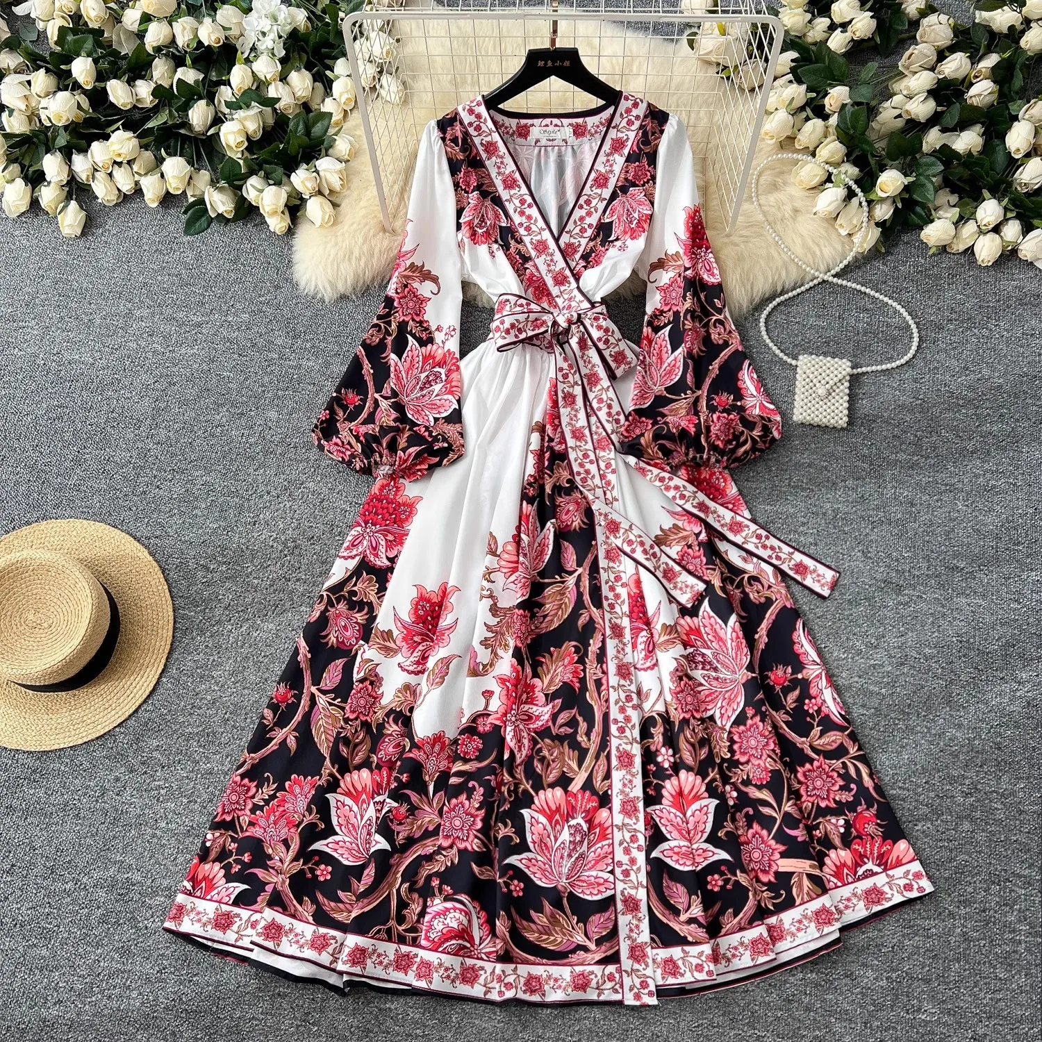 

2025 Spring Bohemian Paisley Dress Holiday Puff Sleeve Cross V Neck Vintage Print Bandage Lace Up Robe Vestidos Maxi Clothes