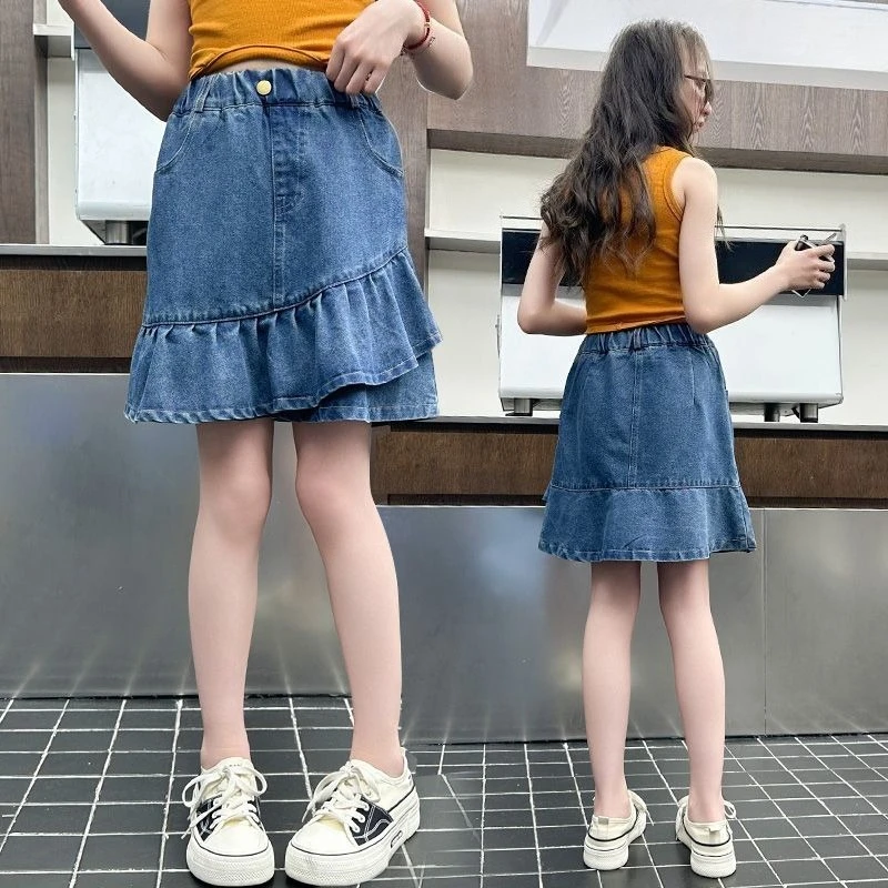 Girls Denim Skirt Summer Ruffle Hem A Line Dress for Middle Big Kids 2026 New Fashion Children Clothing Casual