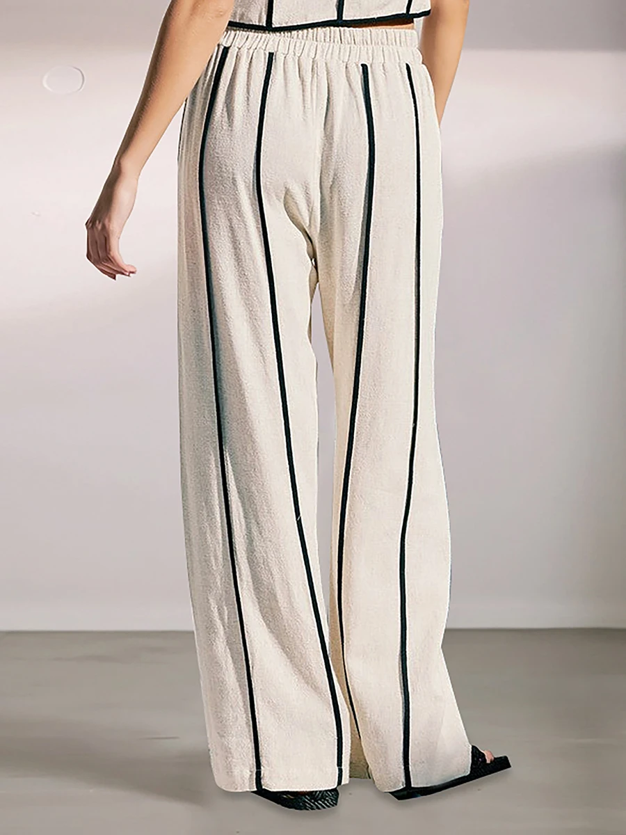 Chaleco clásico a rayas, conjunto de 2 piezas para mujer, cuello en V, chaleco sin mangas con una hilera de botones, novedad de verano, conjunto de pantalón de pierna ancha informal a la moda