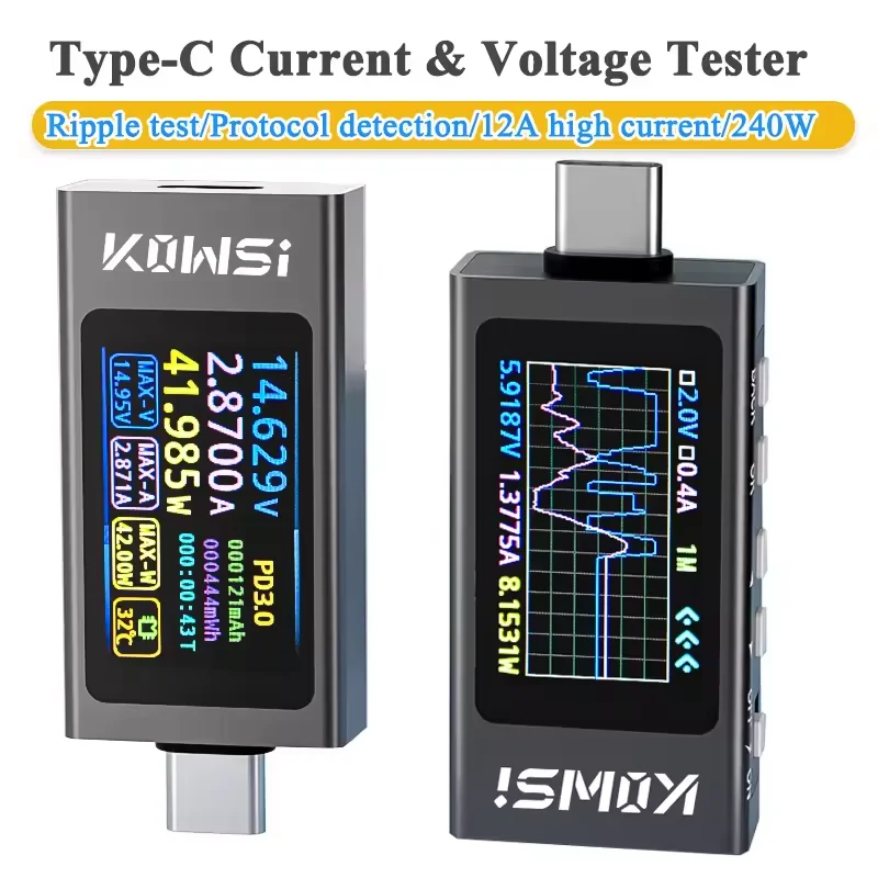 KWS-X1 Typ-C Strom- und Spannungsmonitor DC 4-30 V 0-12 A Leistungsmesser Tester PD Batteriekapazität Digitales LCD-Display