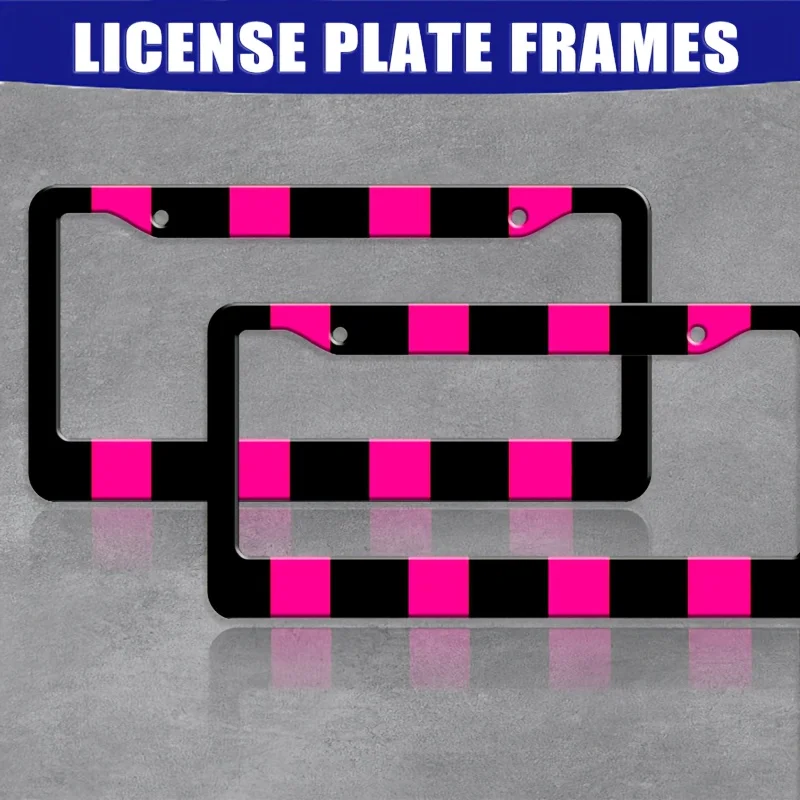 2Pcs Hot Pink Black Checkered License Plate Frames Bright Square Stripe Pattern Fashion Racing Style Universal Auto Tag Holders