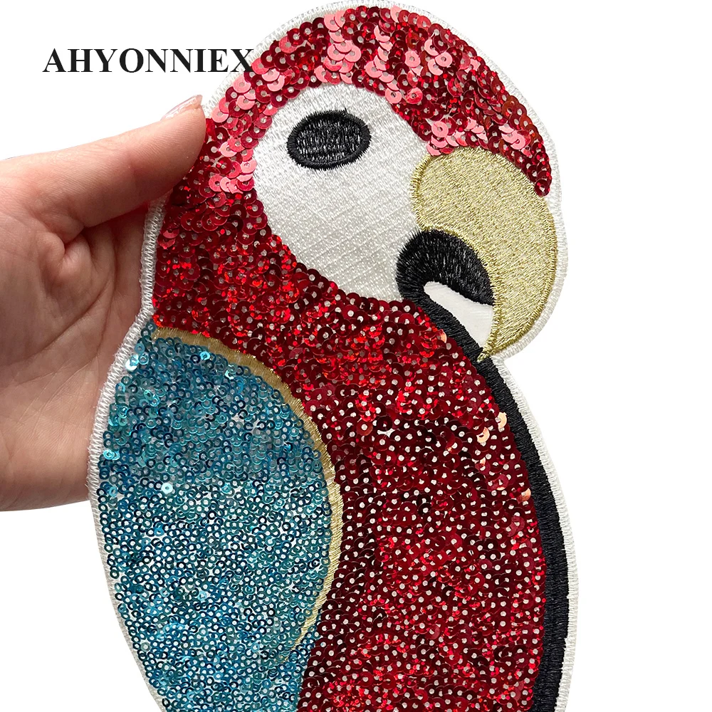 30.5CM X 15.5CM Parrot łatka haftowana cekiny duże łaty na ubrania spodnie naklejki dżinsy aplikacje żelazko/szyć na Parches