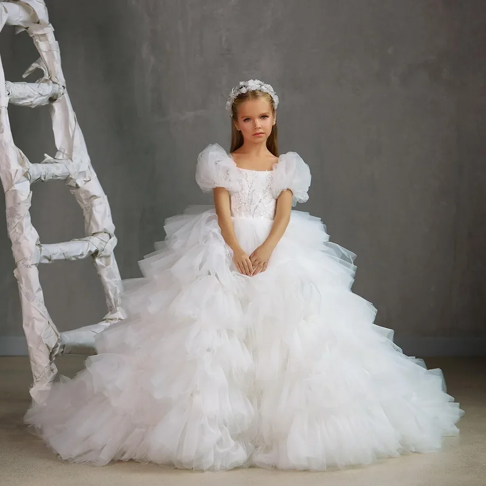 

GUXQD White Ball Gown Baby Flower Girl Dresses Tulle Court Train Children Wedding Party Prom Birthday Gowns