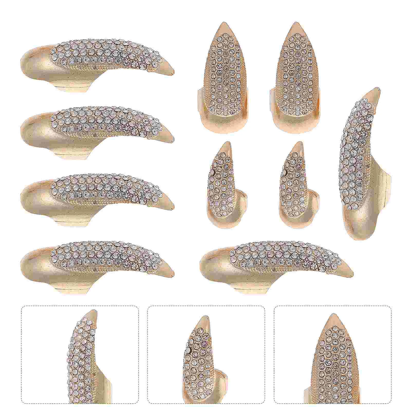 10 Pcs Metal Decorative Nails Rock Lot Knuckle Rings Rhinestones Halloween Fingertip Claw