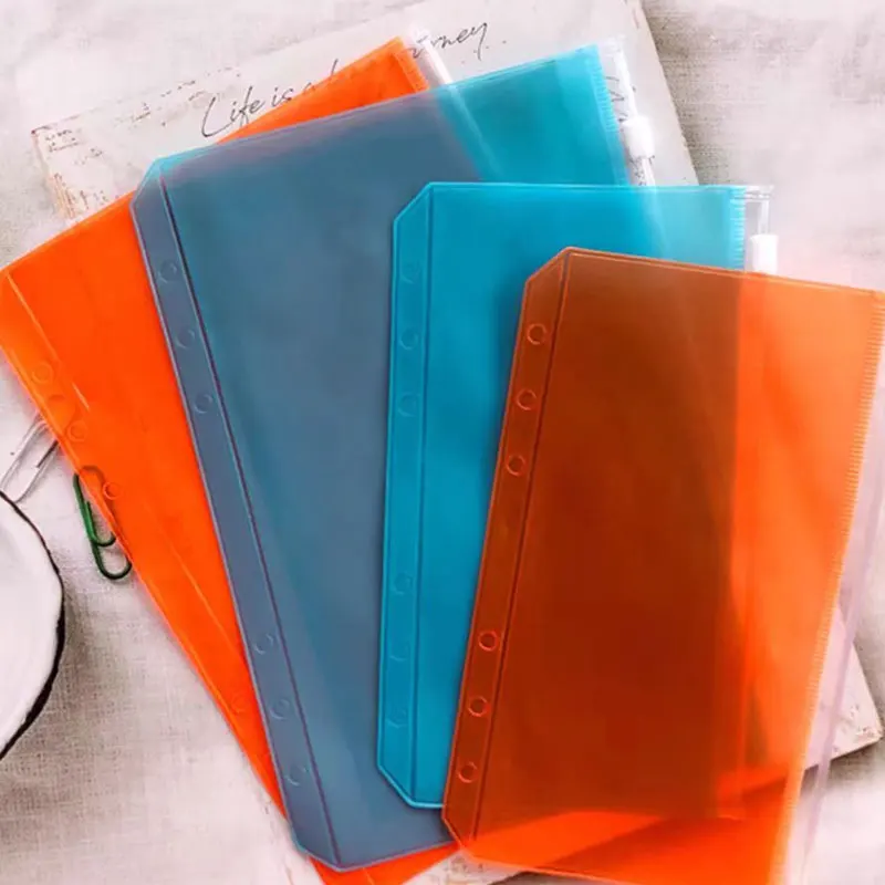 10pcs/Lot Colorful Transparent PVC A5 A6 Binder Pocket Clear Zipper Folders for 6-Ring Notebook Binder Filing Pouch  Organizer