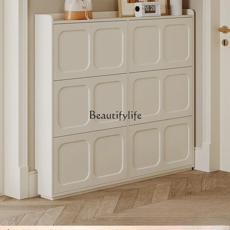 

ls 42Cream wind solid wood ultra-thin tipping bucket shoe cabinet into the home against the wall for home use