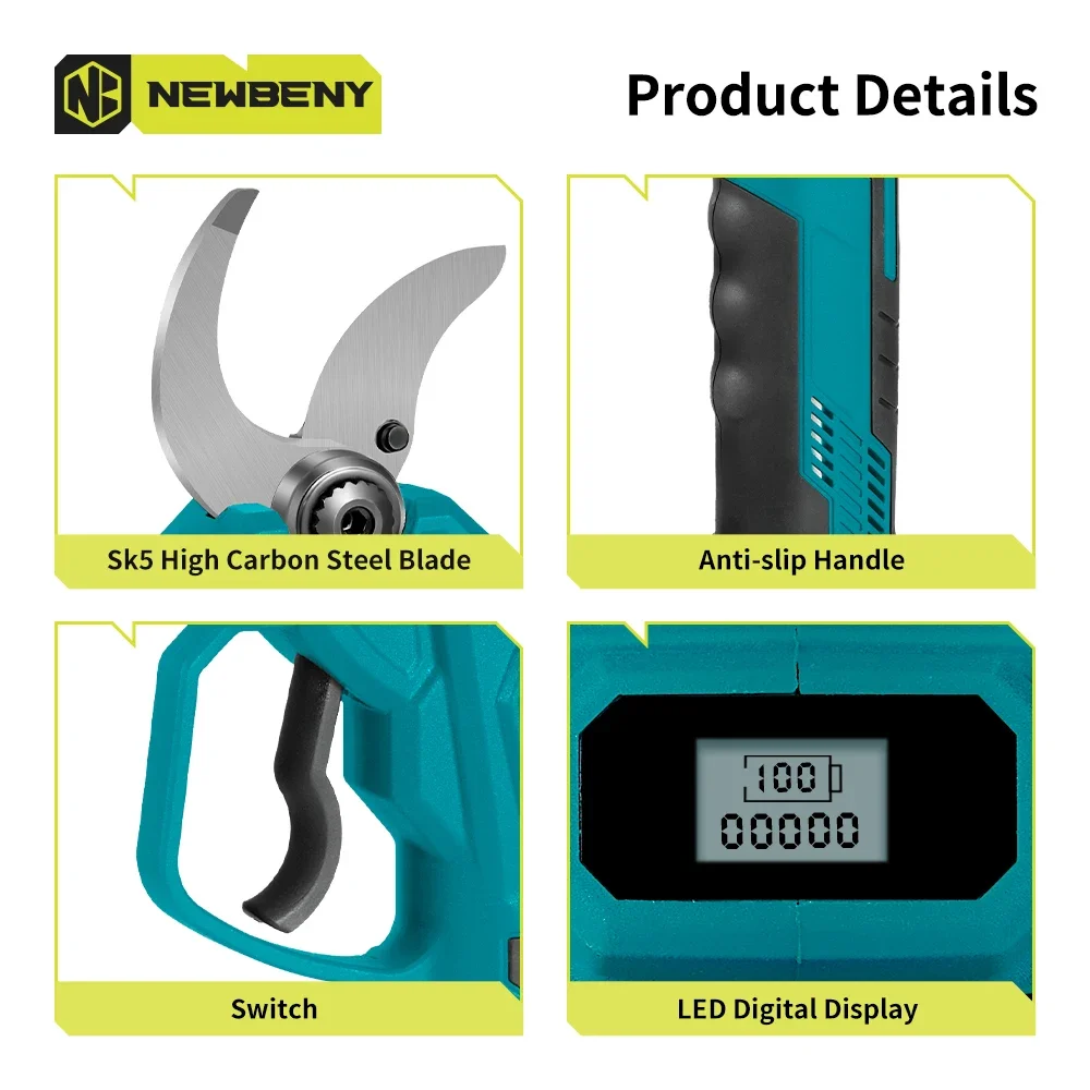 NEWBENY 45mm Brushless Electric Pruning Shears  4 Gears Cordless Efficient Garden Electric Scissors For Makita 18V Battery