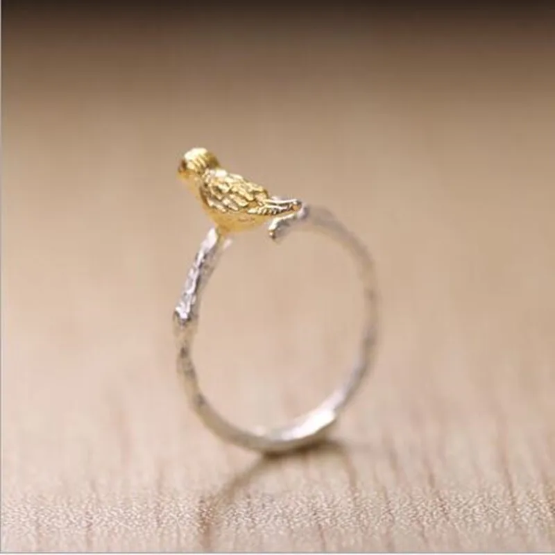 Hot Popular Personality Creative Fashion 925 Sterling Silver Jewelry Branches Golden Bird Exquisite Opening Rings   R036