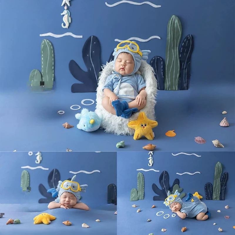 Accessori per Fotografia Neonatale, Sfondo Tema Mondo Sottomarino con Pesci e Conchiglie, Set Decorativo per Servizi Fotografici in Studio