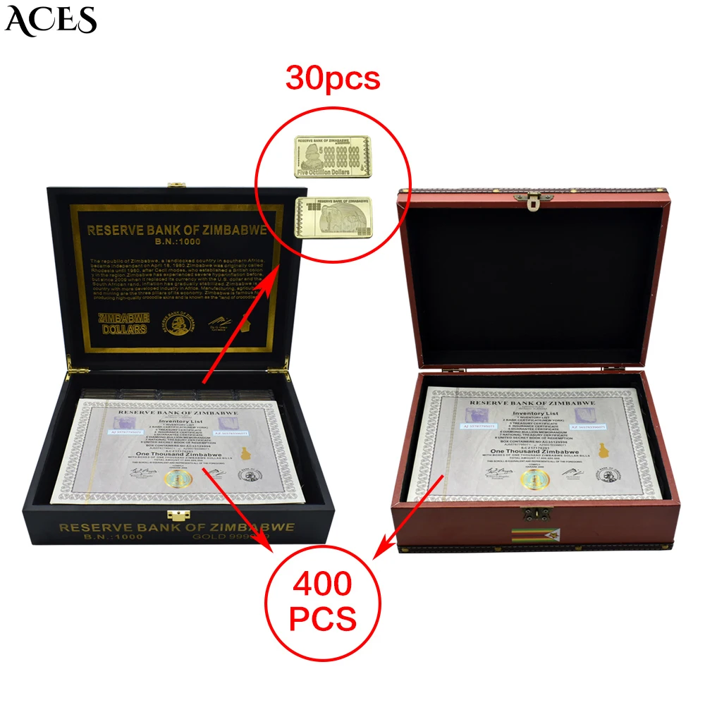 400pcs Zimbabwe Certificate with Two Exquisite Gift Boxes Banknote with Fluorescent Anti-counterfeiting Serial Number