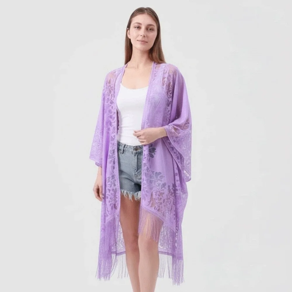 

Breathable Lace Hollow Flower Shawl Sunscreen Long Sunshade Thin Large Scarf with Tassel Lightweight Seaside Vacation Cloak