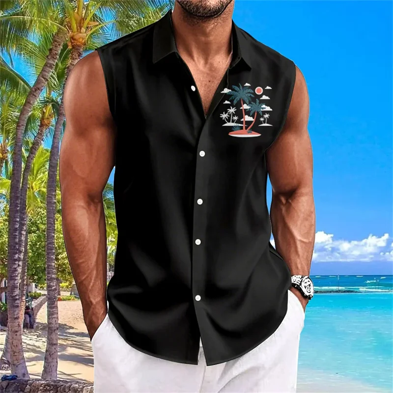 

Гавайский цветочный принт, пляжная цветочная мужская рубашка без рукавов, повседневная летняя рубашка, одежда, рубашка с воротником с клапаном, модная